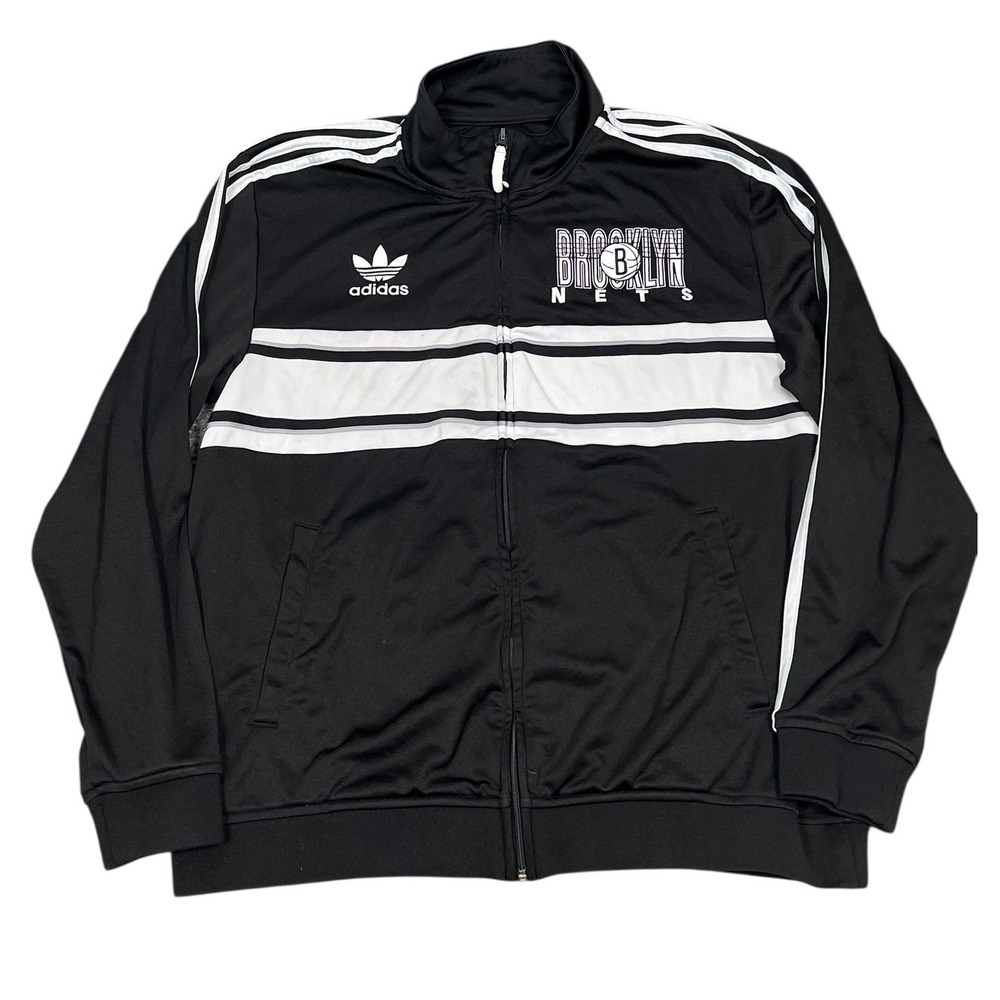 VTG Adidas Brooklyn Nets Track Jacket Mens XL Black White Full Zip NBA Trefoil